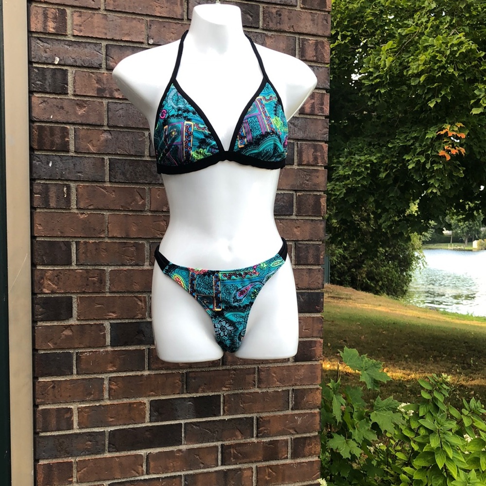 Source Unknown Teal and Black Bikini Set